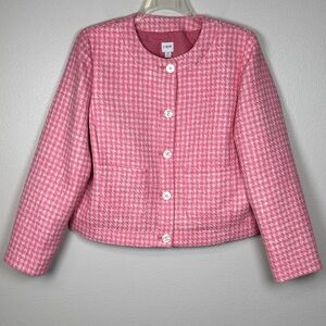 J CREW Tweed Patch Pocket Lady Jacket 16 Pink Houndstooth Spring Easter Preppy